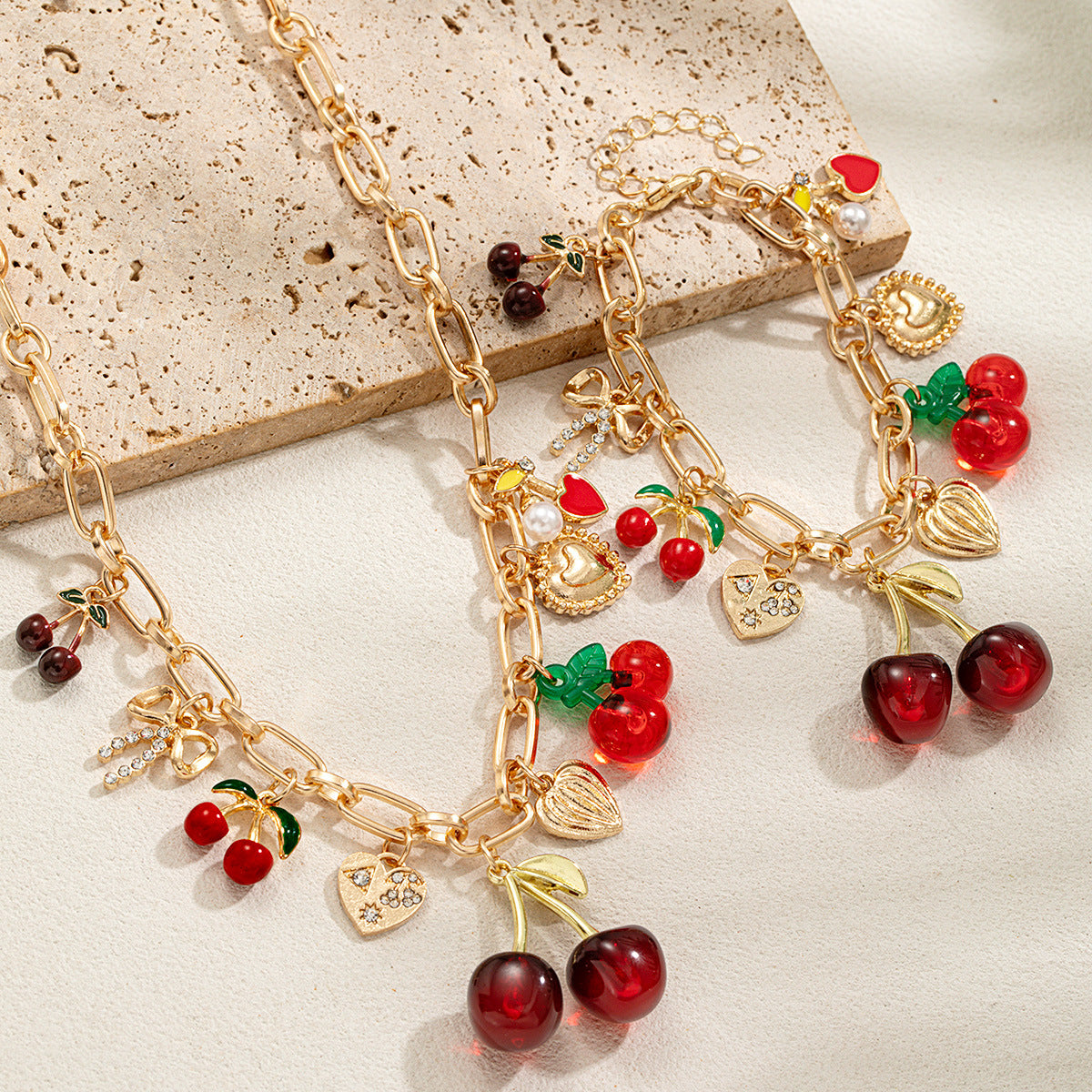 Wholesale Cherry Heart Bow Pendant Bracelet Necklace Set