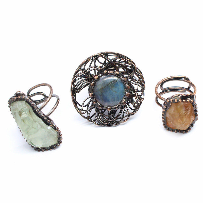 Wholesale natural stone personality retro unshaped pull stone aquamarine original stone ring