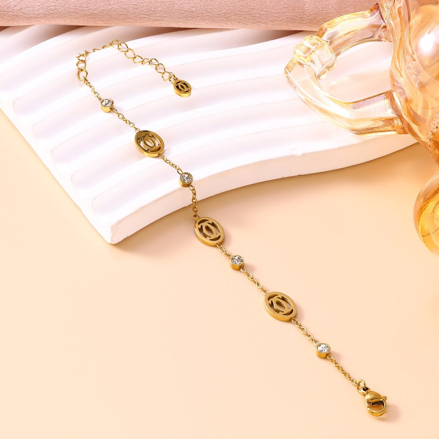 Wholesale Oval Letter Charm Stainless Steel Bracelet with Rhinestones Boutique Jewelry Accessory