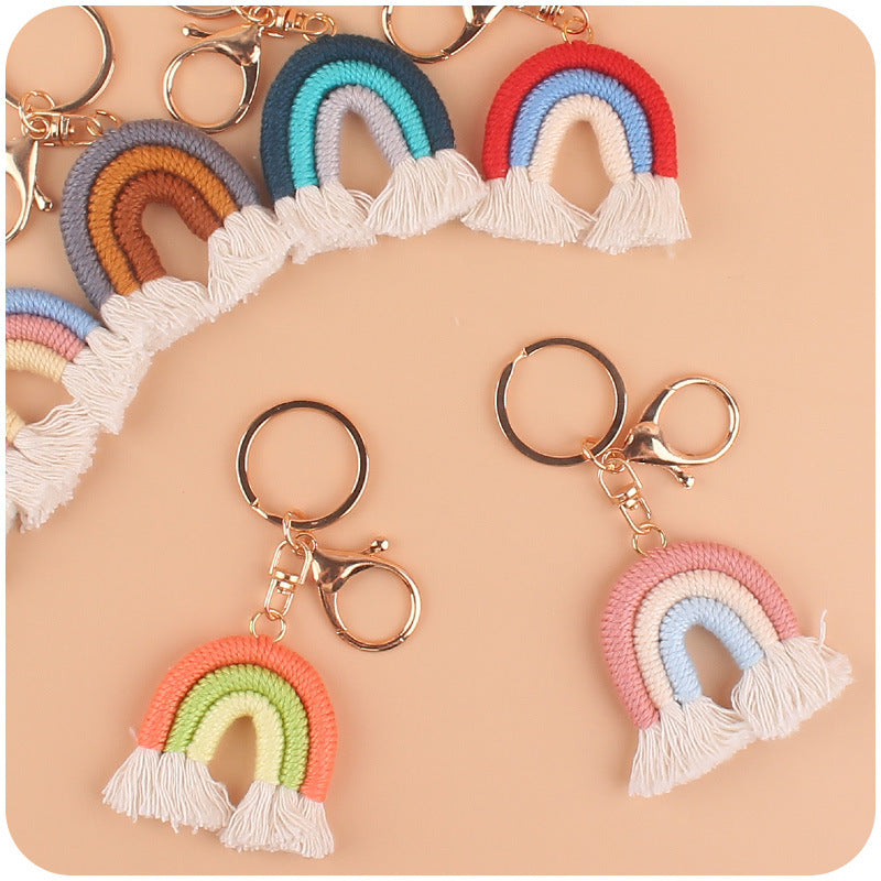 Wholesale  rainbow pendant handmade cotton woven keychain