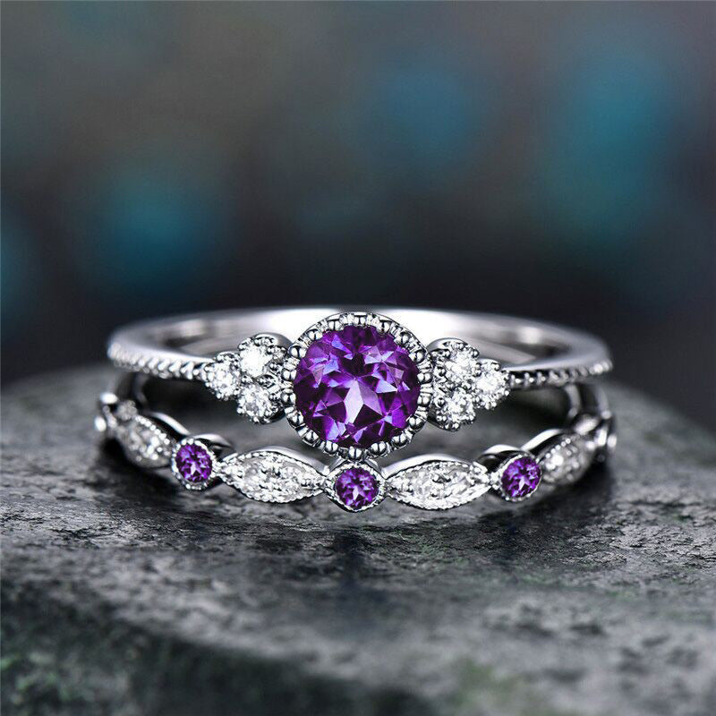 Wholesale Geometric Two Piece Women S Ring Set Purple Alloy Zircon Accent Stylish Boutique Jewelry Accessory