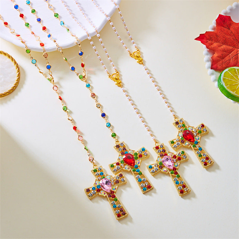 Wholesale  Colorful Diamond-Encrusted Beaded Cross Pendant Necklace