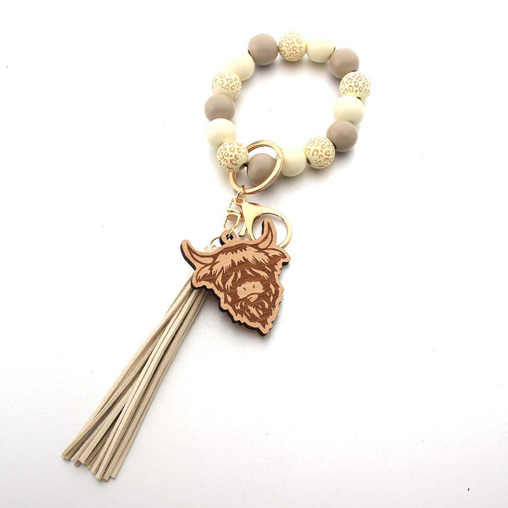 Wholesale Western Style Cow Tassel Wood Beads Beaded Wristlet Keychain ACC-KC-JinAn014