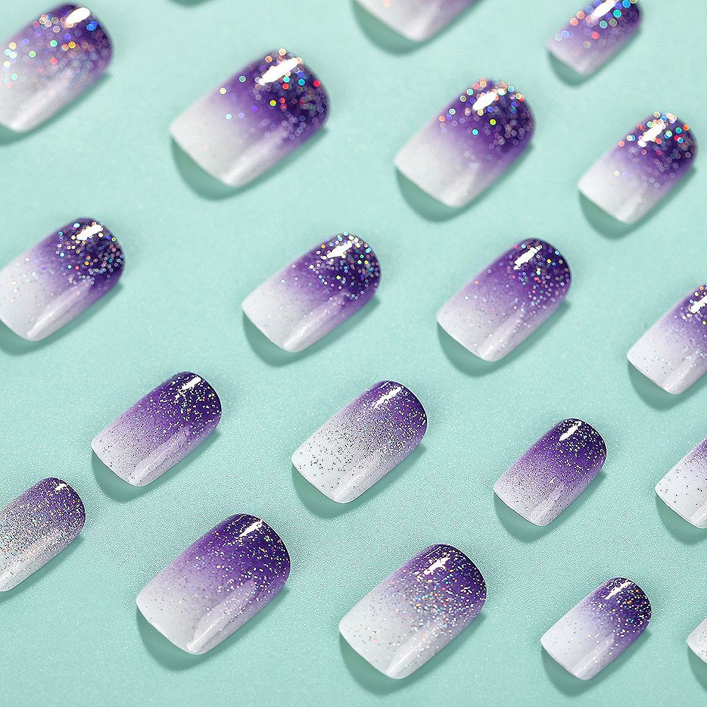 Wholesale 24pcs/box Glitter Nail Stickers Purple Gradient Wearable Nails Press-On Nail Set ACC-NS-Diqin007