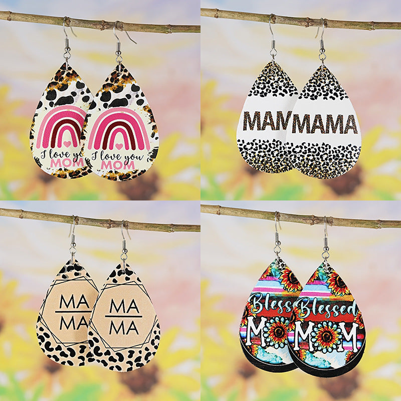 Wholesale Mother's Day MAMA Rainbow Bridge Leopard Print Spotted Sunflower Leather Earrings