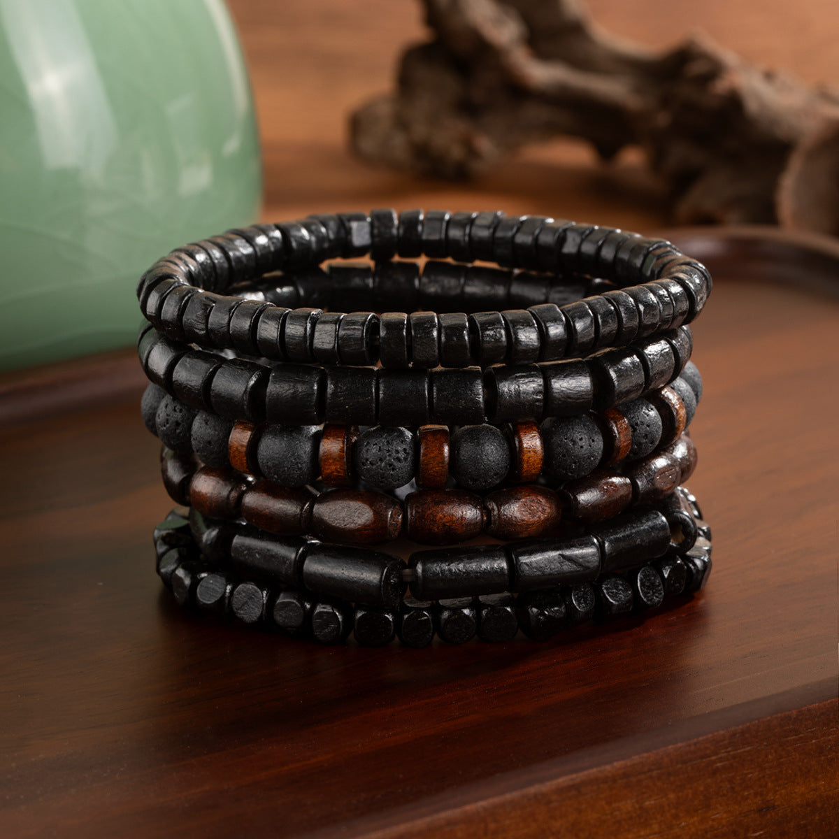 Wholesale Retro  Hand-woven Wood Coconut Shell Resin Beaded Elastic Bracelet