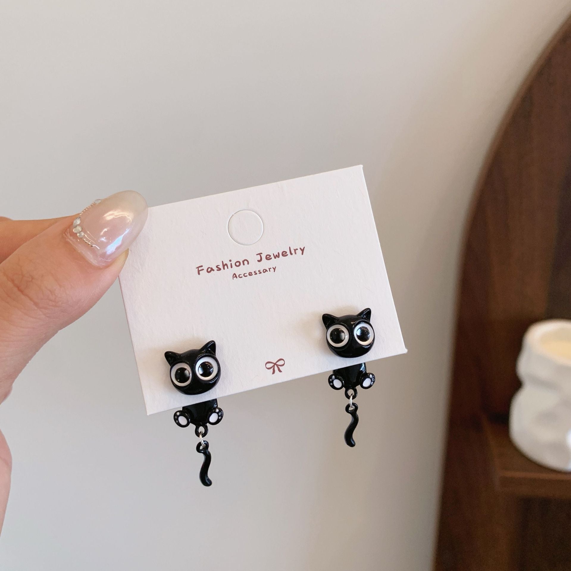 Wholesale Trendy Black Cat Earring Set,  Cute Cat Tail Design,  Silver Needle,  Zinc Alloy Drip Oil,  Everyday Jewelry Accessory
