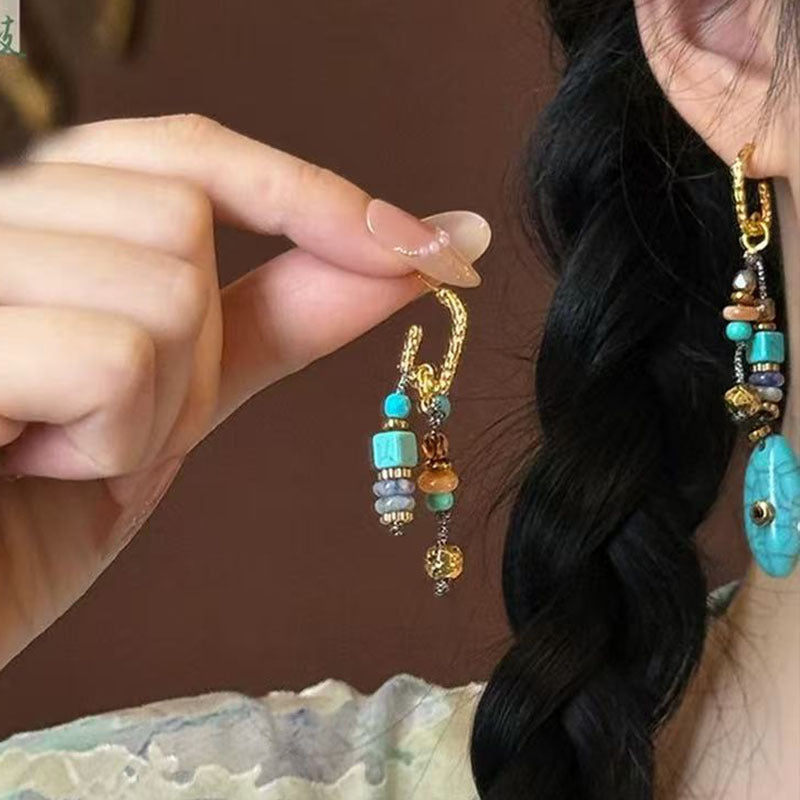 Wholesale Turquoise Beaded Pendant Necklace,  Vintage Chinese-Style Long Ethnic Sweater Chain,  Boutique Resale Jewelry