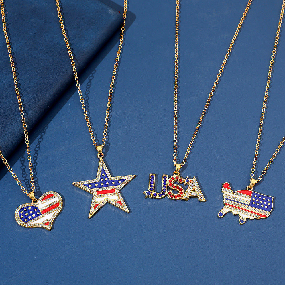 Wholesale American Independence Day Flag Five Pointed Star Diamond Alloy Necklace ACC-NE-MingXin001