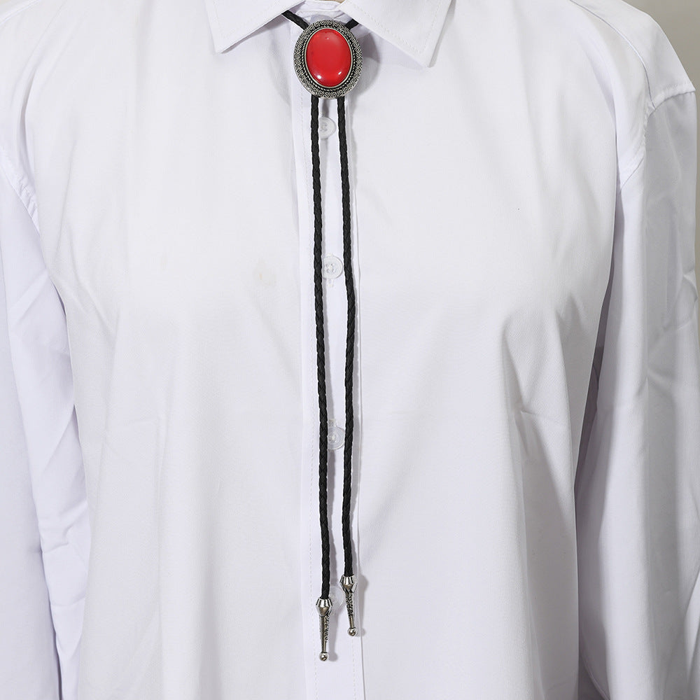 Wholesale Trendy Black Leather Bolo Tie Necklace Agate Gemstone Pendant Fashion Accessory