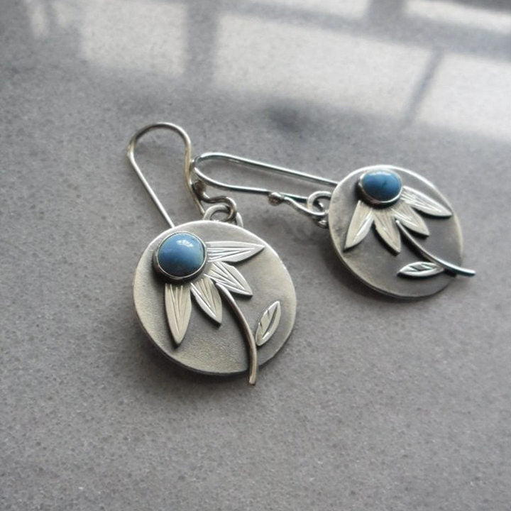 Wholesale blue turquoise earrings retro ethnic style ancient metal plant flower drop earrings