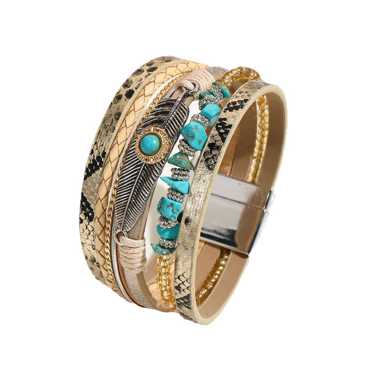 Wholesale Unisex Bohemian Faux Leather Feather Magnetic Bracelet Business Gift Jewelry Accessory