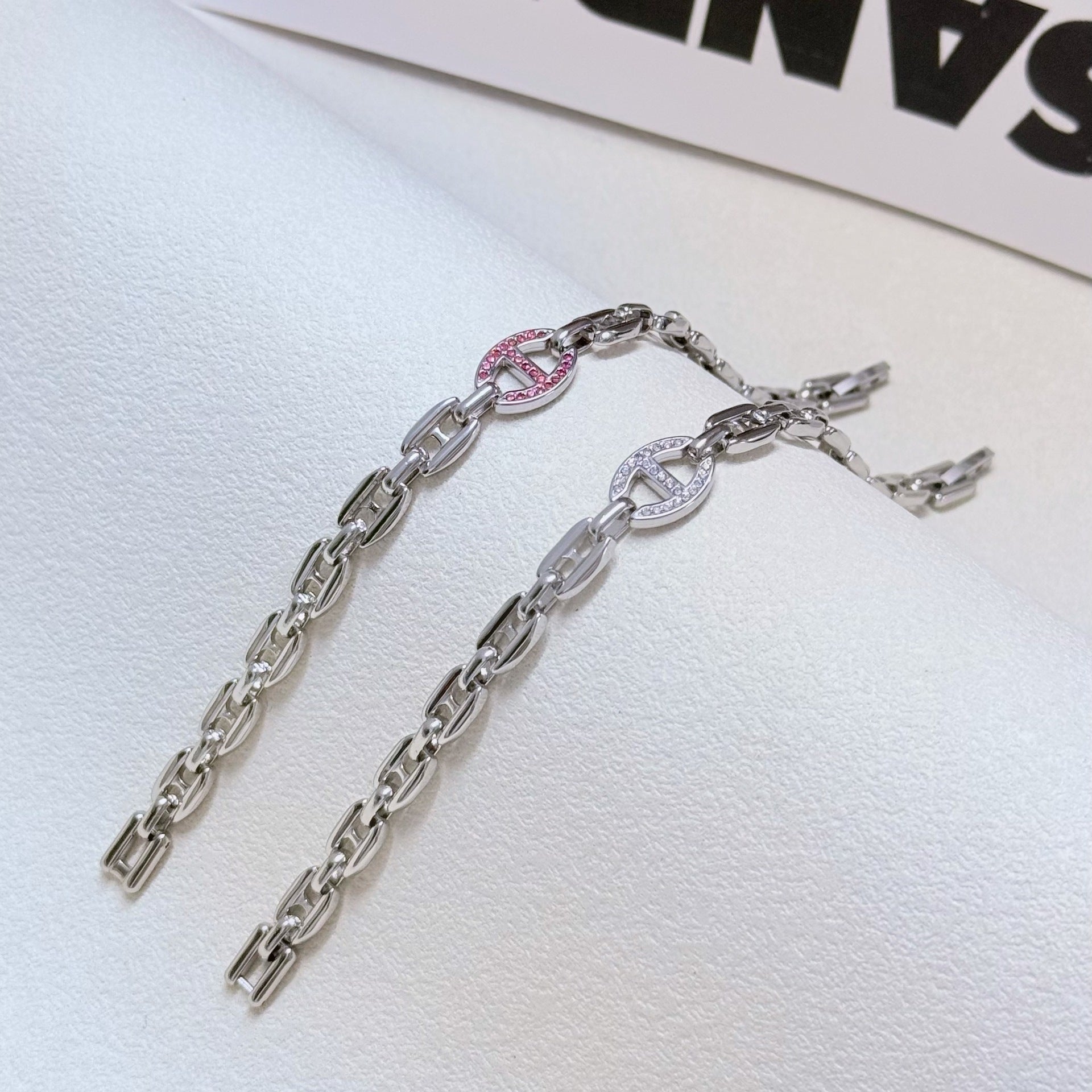 Wholesale Titanium Steel Diamond Encrusted Bracelet with Diamond Studded Tail Chain