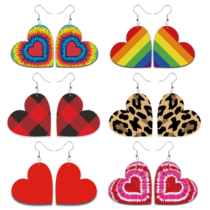 Wholesale Heart Shaped Leather Drop Earrings With Plaid Tie Dye Leopard Print Fashion Accessory Gift For Boutique Resale