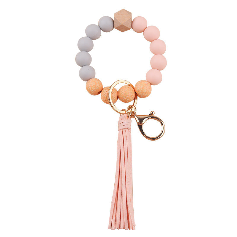 Wholesale Leopard Print Silicone Beads Tassel Wrist Keychain Wristlet Keychain ACC-KC-GuangTian046