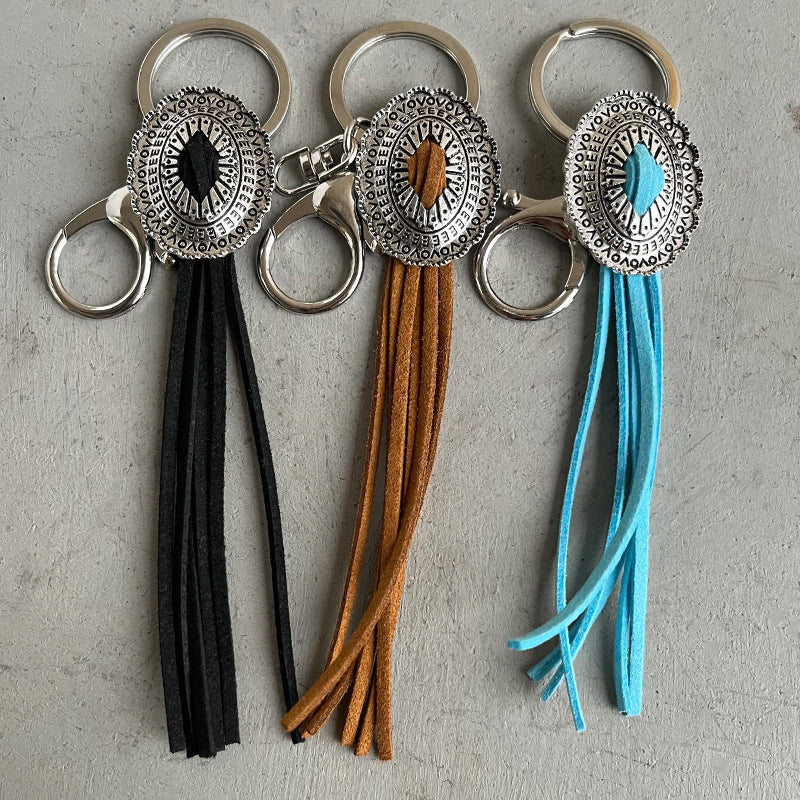 Wholesale Retro Western Cowboy Style Pumpkin Flower Tassel Keychain Alloy Electroplated Anti Lost Key Ring Stylish Bag Charm Car Key Accessory