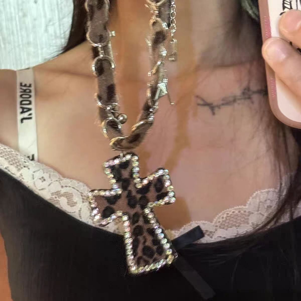 Wholesale Vintage Leopard Print Black Leather Cross Necklace
