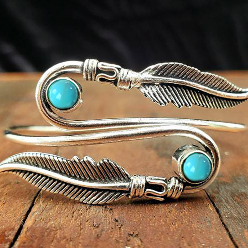 Wholesale Metal Electroplated Bohemian Feather Adjustable Turquoise Bracelet Jewelry Accessory Gift