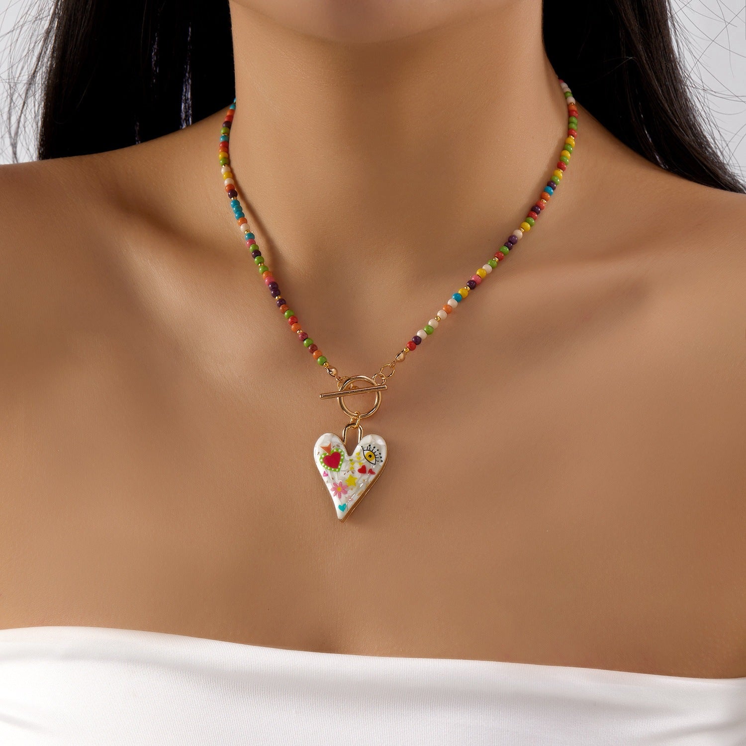 Wholesale Resin Beaded Necklace with Cute Heart and Evil Eye Pendant,  Trendy Fashion Accessory for Women