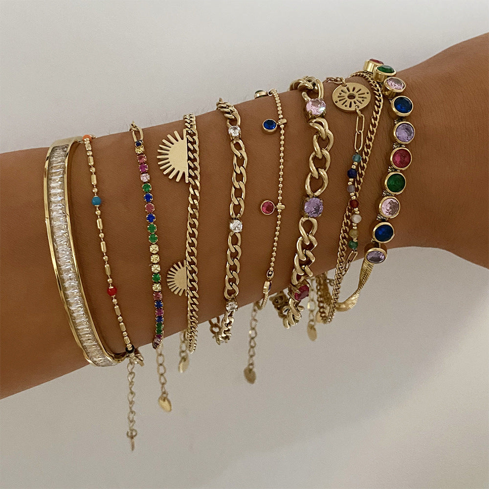 Wholesale  Stainless Steel Inlaid Colorful Zircon Geometric  Bracelet