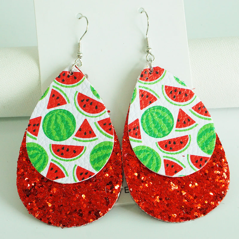Wholesale 2 Pairs/pack Turtle Watermelon Flamingo Shiny Leather Drop Shape Multi-Layered Earrings ACC-ES-HY088