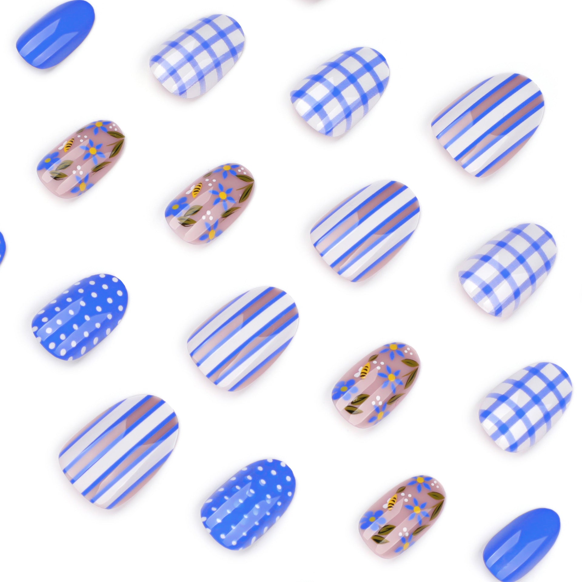 Wholesale 24 Pieces/box Blue and White Checkered Stripe Nails Kits Nail Stickers