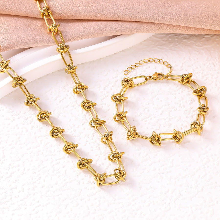 Wholesale Fashion 18K Gold Knotted Titanium Steel Hand Necklace Set Hip-Hop Punk Wisteria Chain Stainless Steel Jewelry