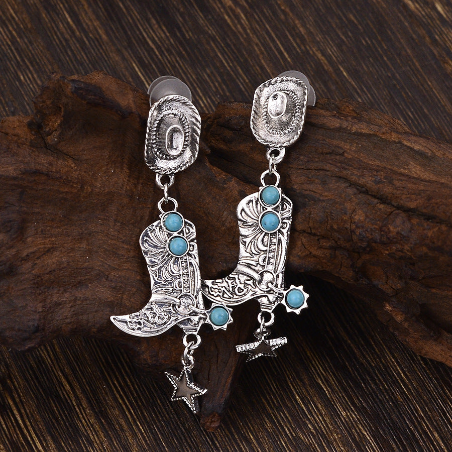 Wholesale Retro Western Cowboy Boots Hat Pendant Earrings Zinc Alloy Electroplated Fashion Jewelry Accessory
