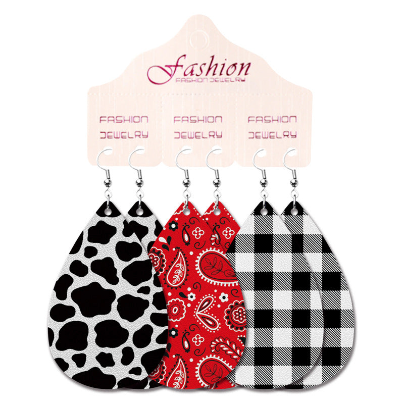 Wholesale 2 Sets Christmas Earrings Set Cow Pattern Plaid Elk Western Cowboy Water Drop PU Leather Earrings Set ACC-ES-HY129