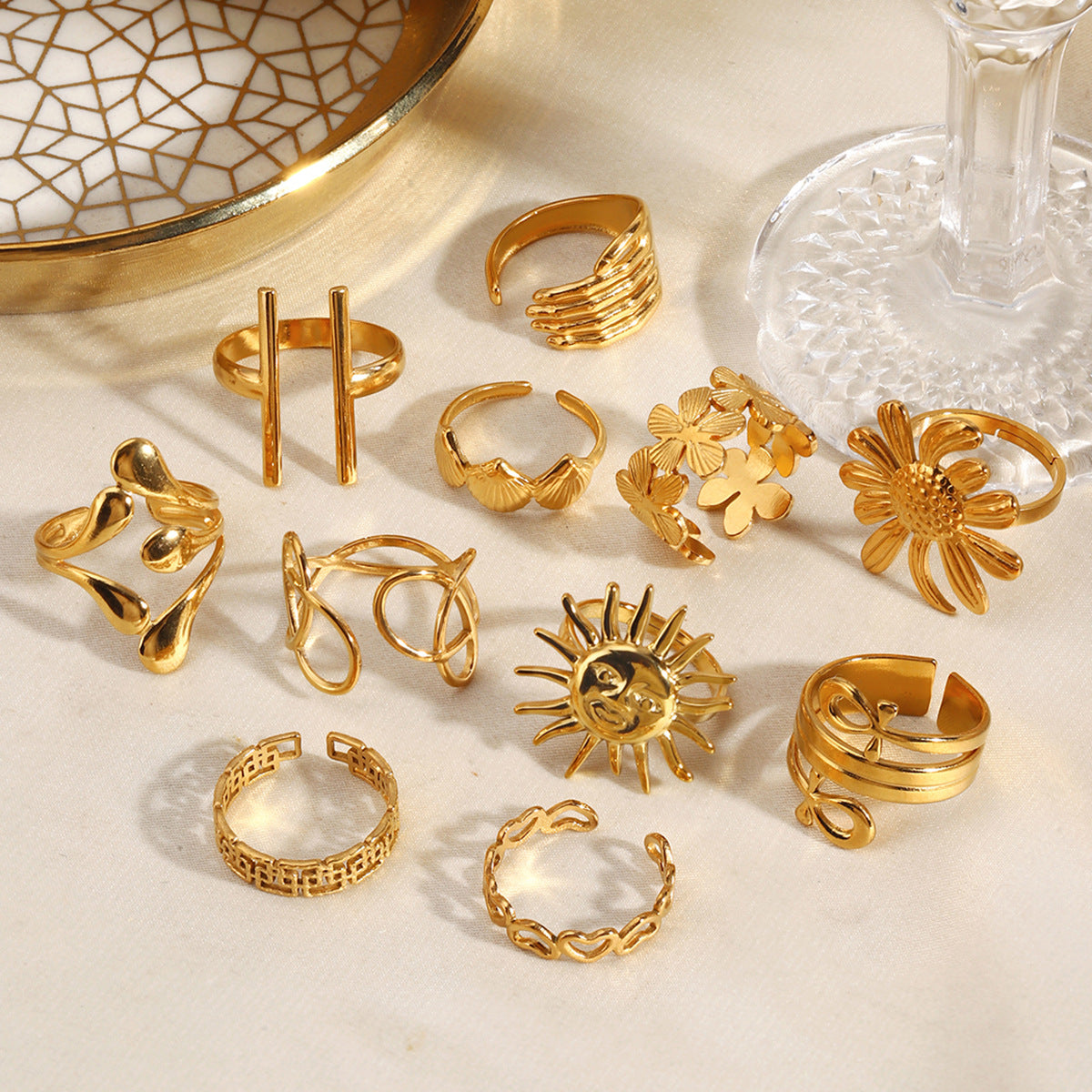 Wholesale Trendy Stainless Steel Gold Sun Ring Irregular Design Jewelry Accessory