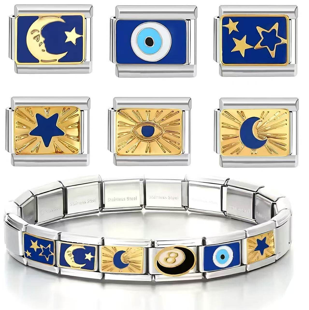 Wholesale Trendy Cartoon Design DIY Charm Bracelet In Titanium Steel With Star Eye Moon Motifs Jewelry Accessory Gift