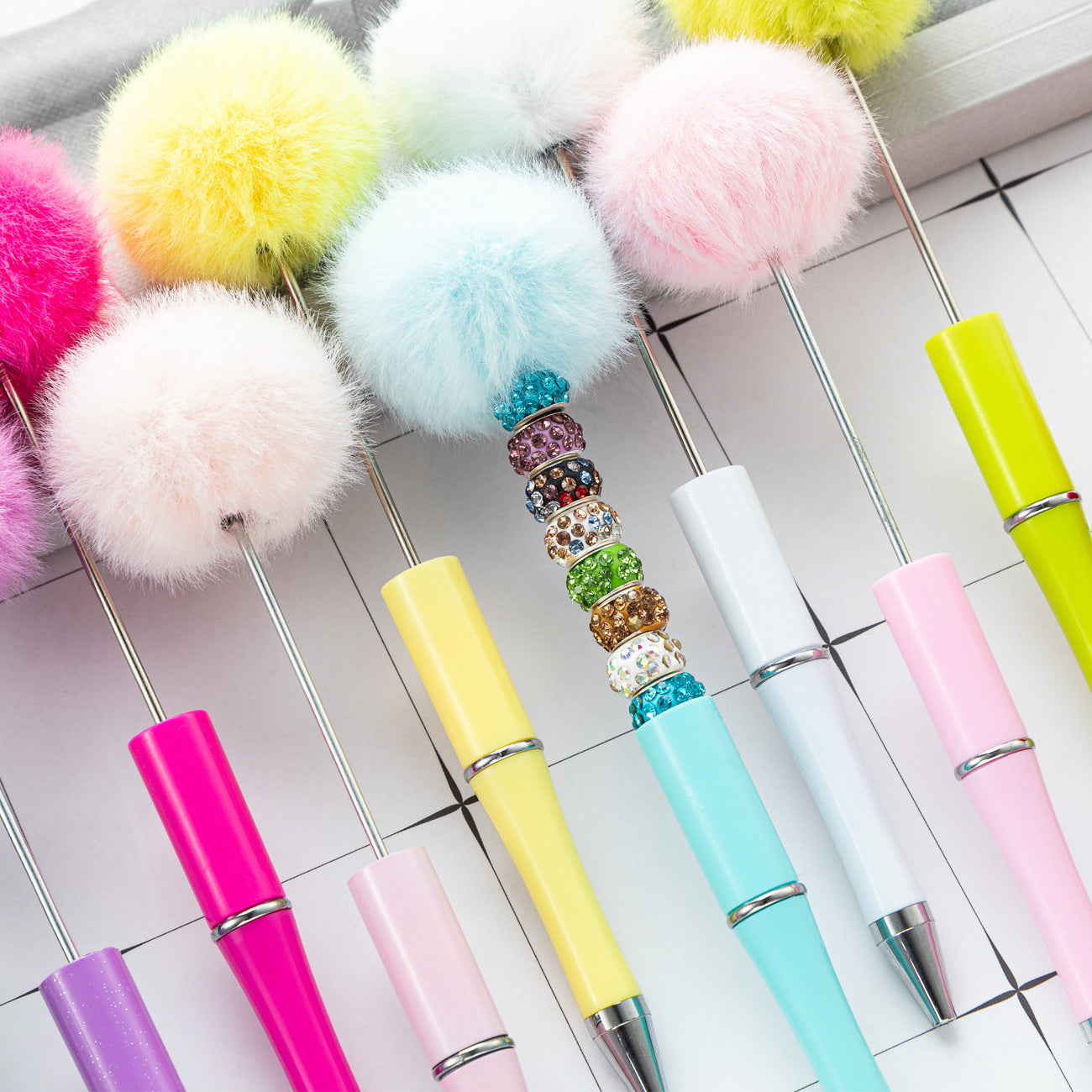 Wholesale Beadable Pens Pom Pom Fuzzy Plastic DIY Beaded Pens Solid Color Pens