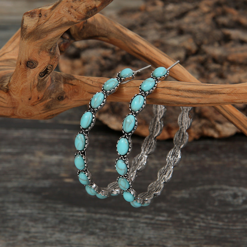 Wholesale Geometric Turquoise Stone Circle Earrings Retro Exaggerated C Hoop Earrings For Women Alloy Party Jewelry Accessory
