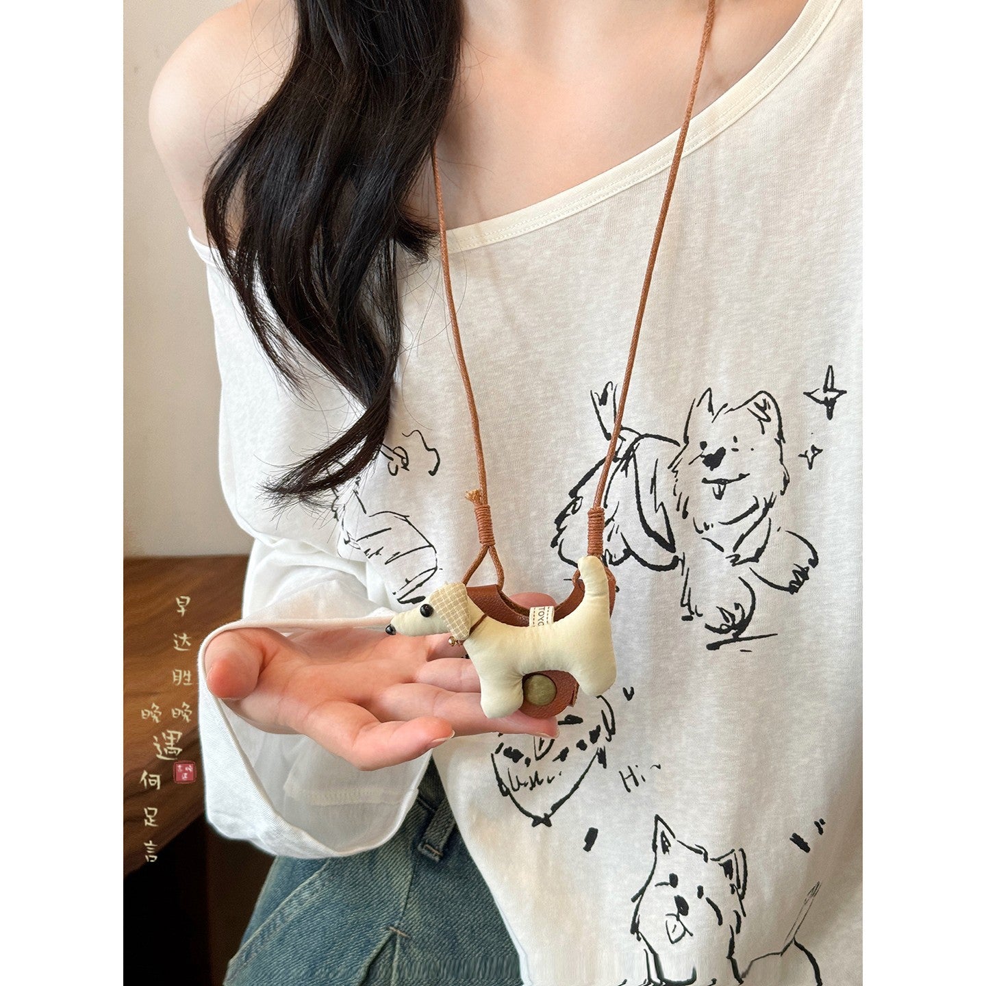 Wholesale Leather Dachshund Eyeglass Lanyard Necklace Women Black White Plaid Chic Jewelry Accessory