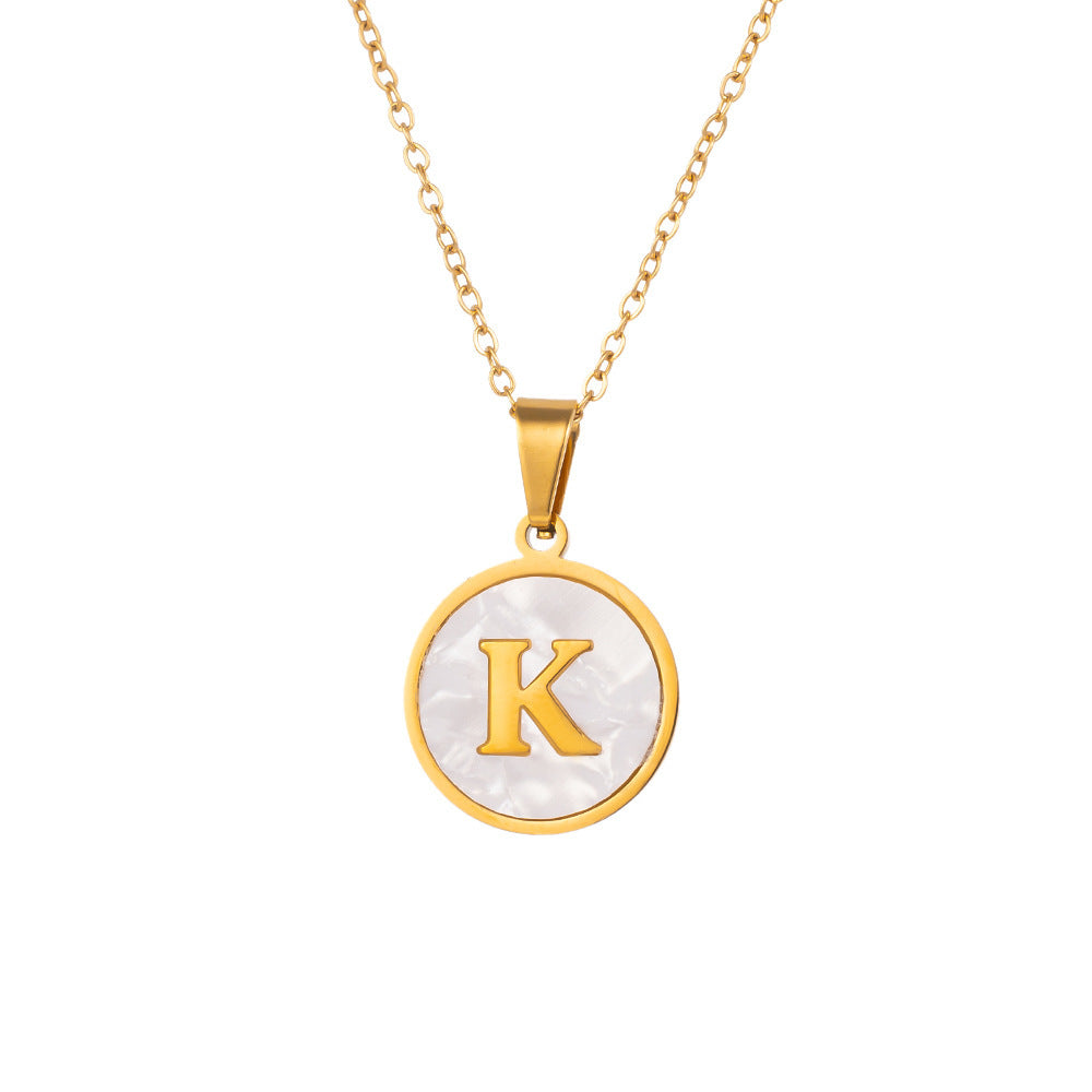 Wholesale Titanium Steel Necklace White Small Round Plate Letter Necklace ACC-NE-XuHao003