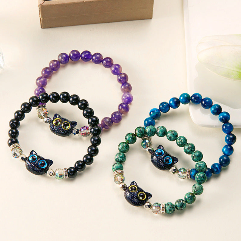 Wholesale Black Cartoon Kitten Natural Stone Beaded Bracelet ACC-BT-YingHao005