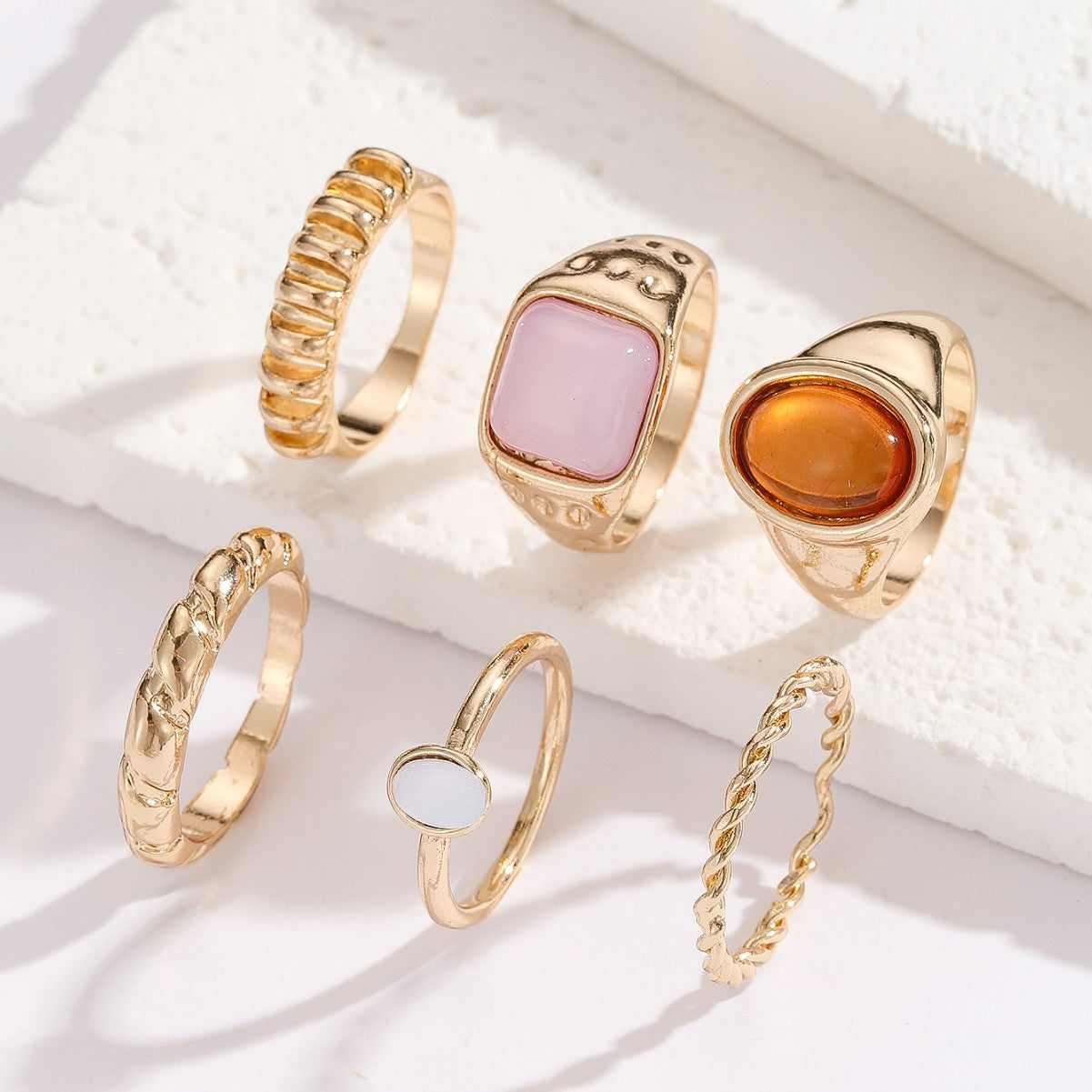 Wholesale Trendy Bohemian Geometric 6 Piece Stackable Ring Set Gold Plated Zinc Alloy Fashion Accessory