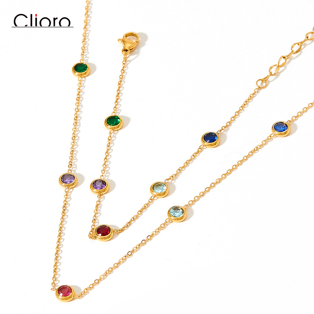 Wholesale Stainless Steel Colorful Zircon Bracelet Necklace Set