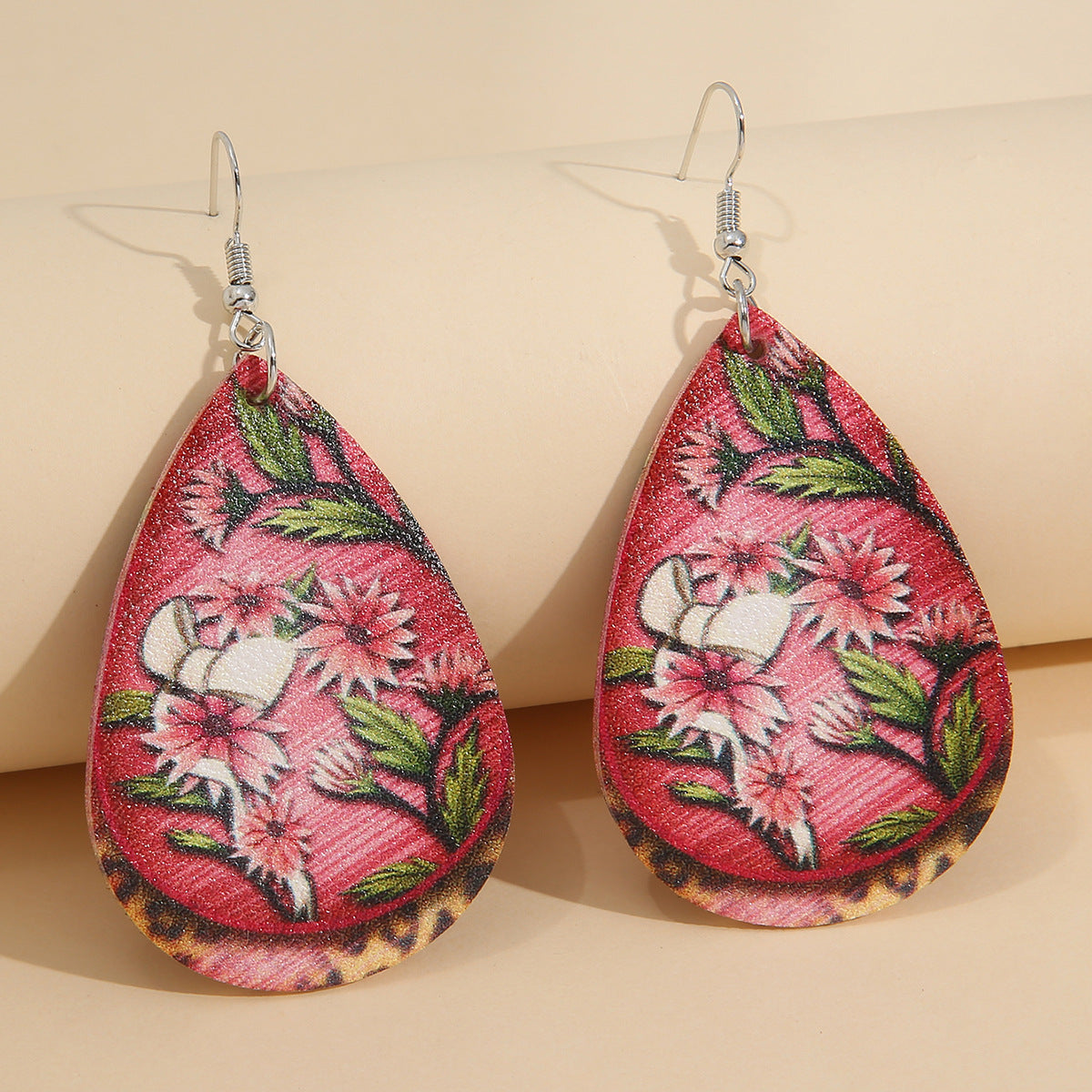 Wholesale Mother' s Day MOM Letter Teardrop Leather Rose Flower Leopard Print Earrings