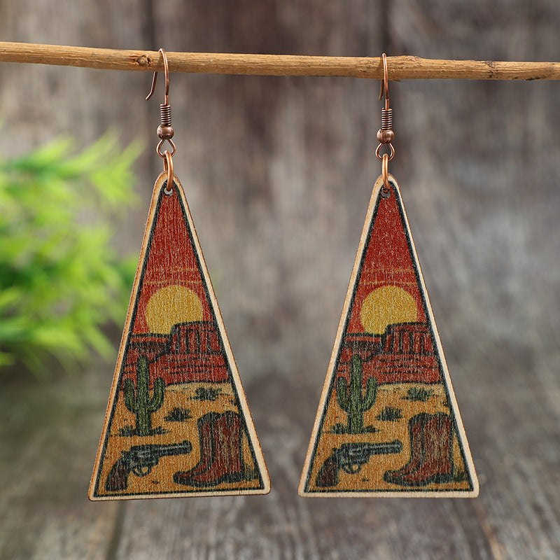 Wholesale Retro Western Style Triangular Wooden Earrings Desert Cactus Horse Sunset Print Boutique Resale