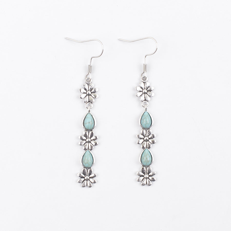 Wholesale Vintage Long Tassel Flower Earrings For Women Antique Silver With Turquoise Inlay Fashion Jewelry Accessory