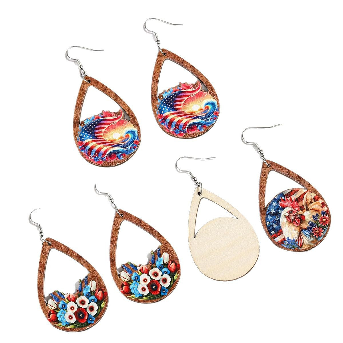 Wholesale  US Independence Day Element Wooden Water Drop Earrings