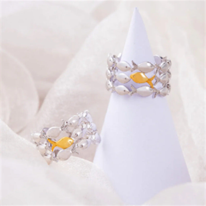 Wholesale Trendy Two Tone Mesh Fish Adjustable Open Ring Vintage Style Jewelry Accessory For Everyday Wear And Gift