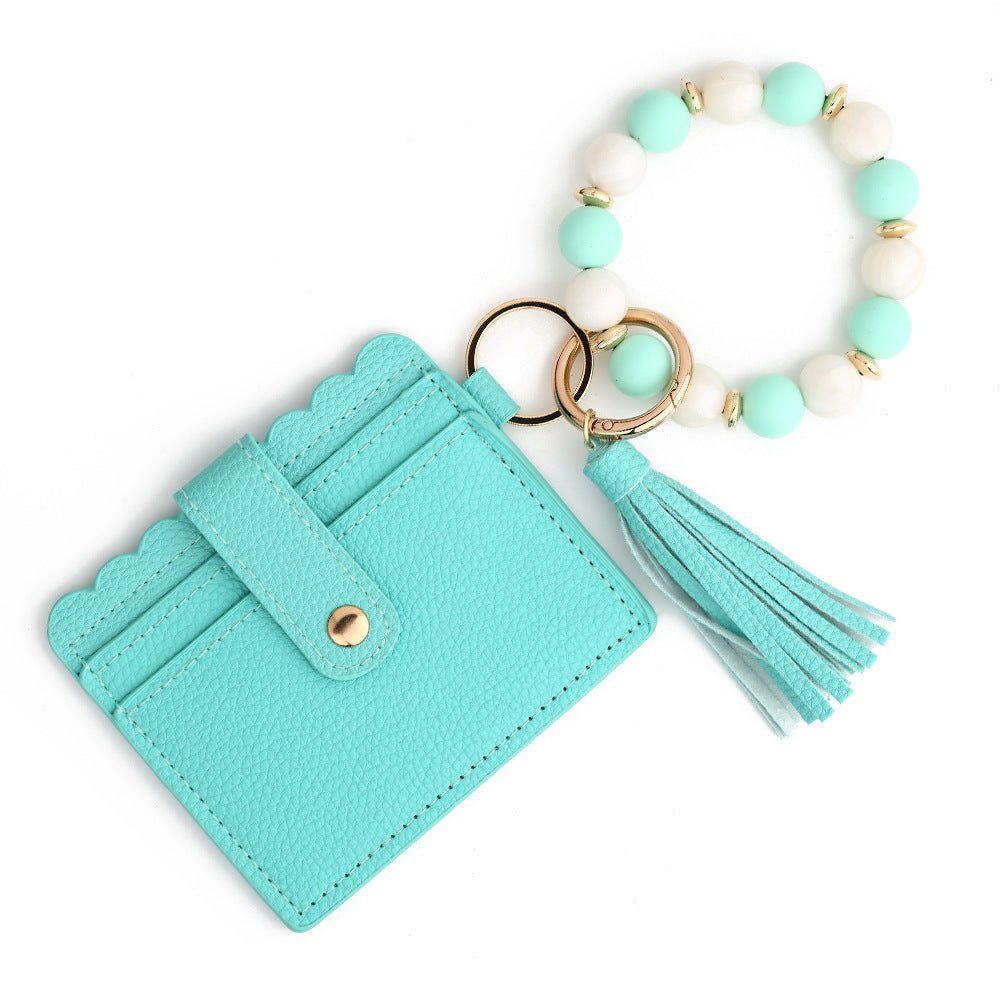 Wholesale  PU  wallet silicone bead bracelet card holder Wristlet Keychain