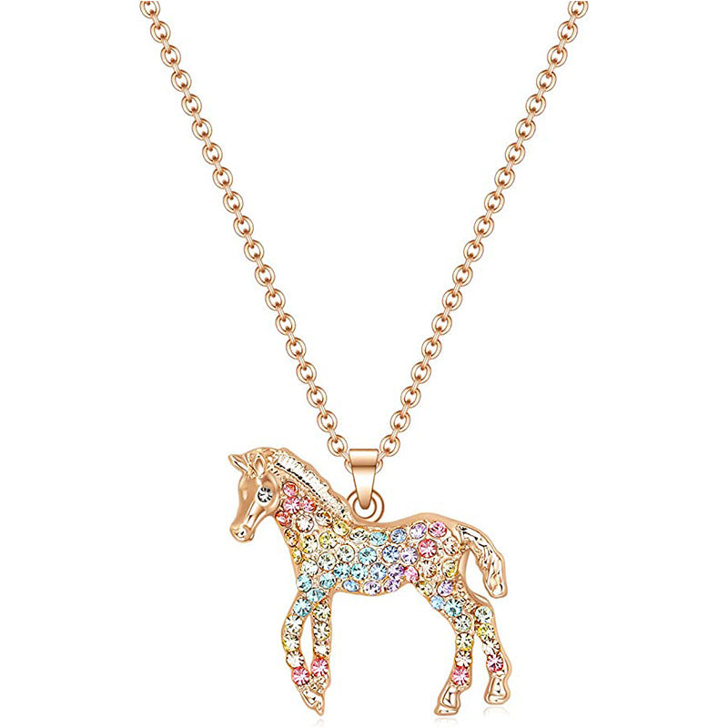 Wholesale  Small Rainbow Horse Pendant Necklace Color Diamond Necklace Accessories