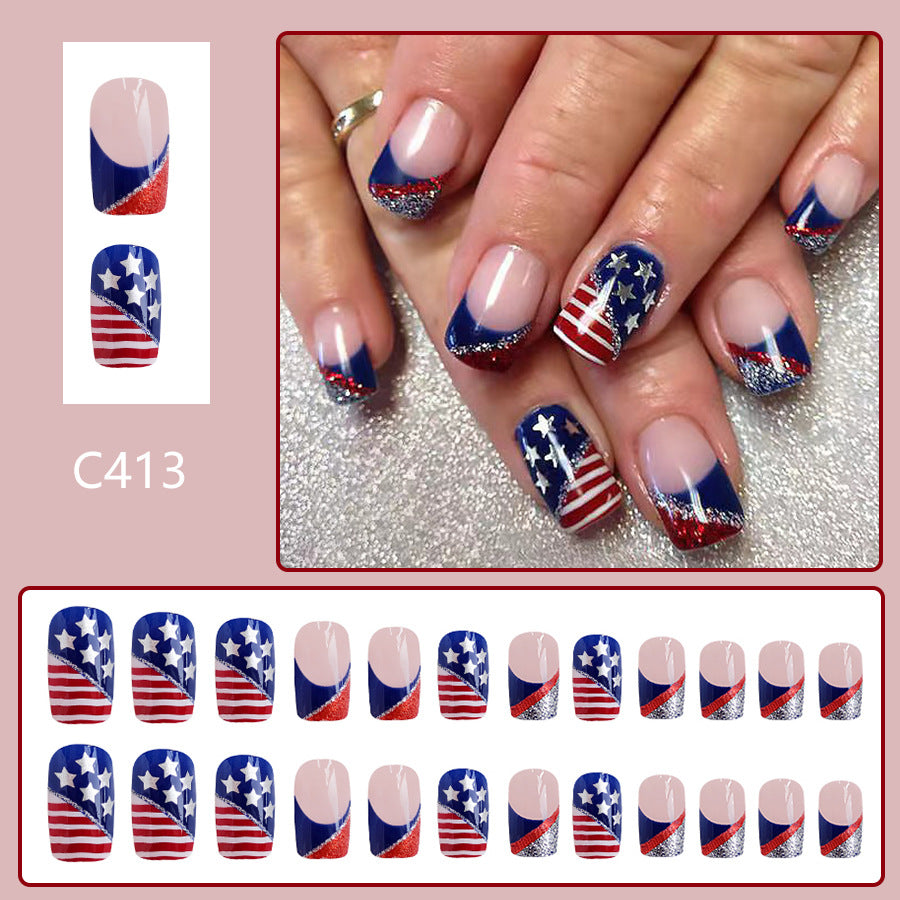 Wholesale 24 Pieces/box American Independence Day Short Glitter Striped Manicure Press-on Nails Kits Nail Stickers ACC-NS-GuaiXL014