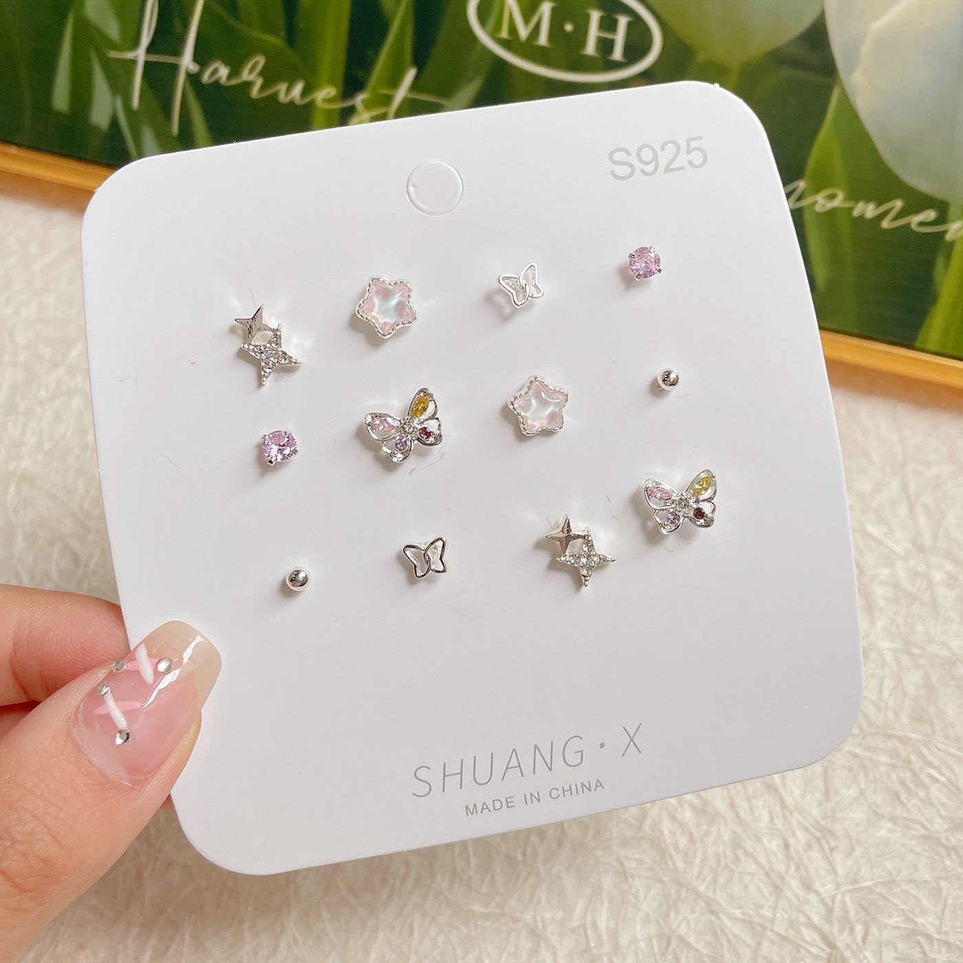 Wholesale Sweet and fresh silver needle small floral and fruit earrings