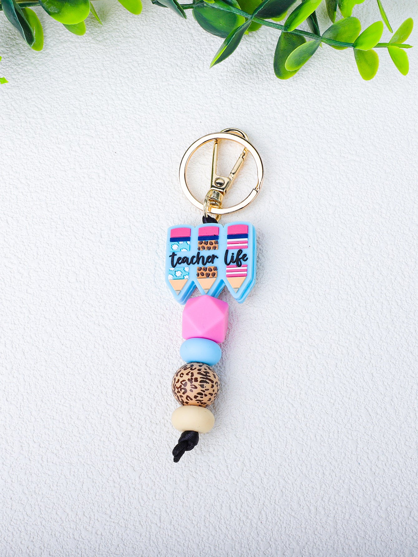 Wholesale Teacher's Day Pencil Silicone Leopard Wood Beads Beaded Keychain ACC-KC-JiuYa009