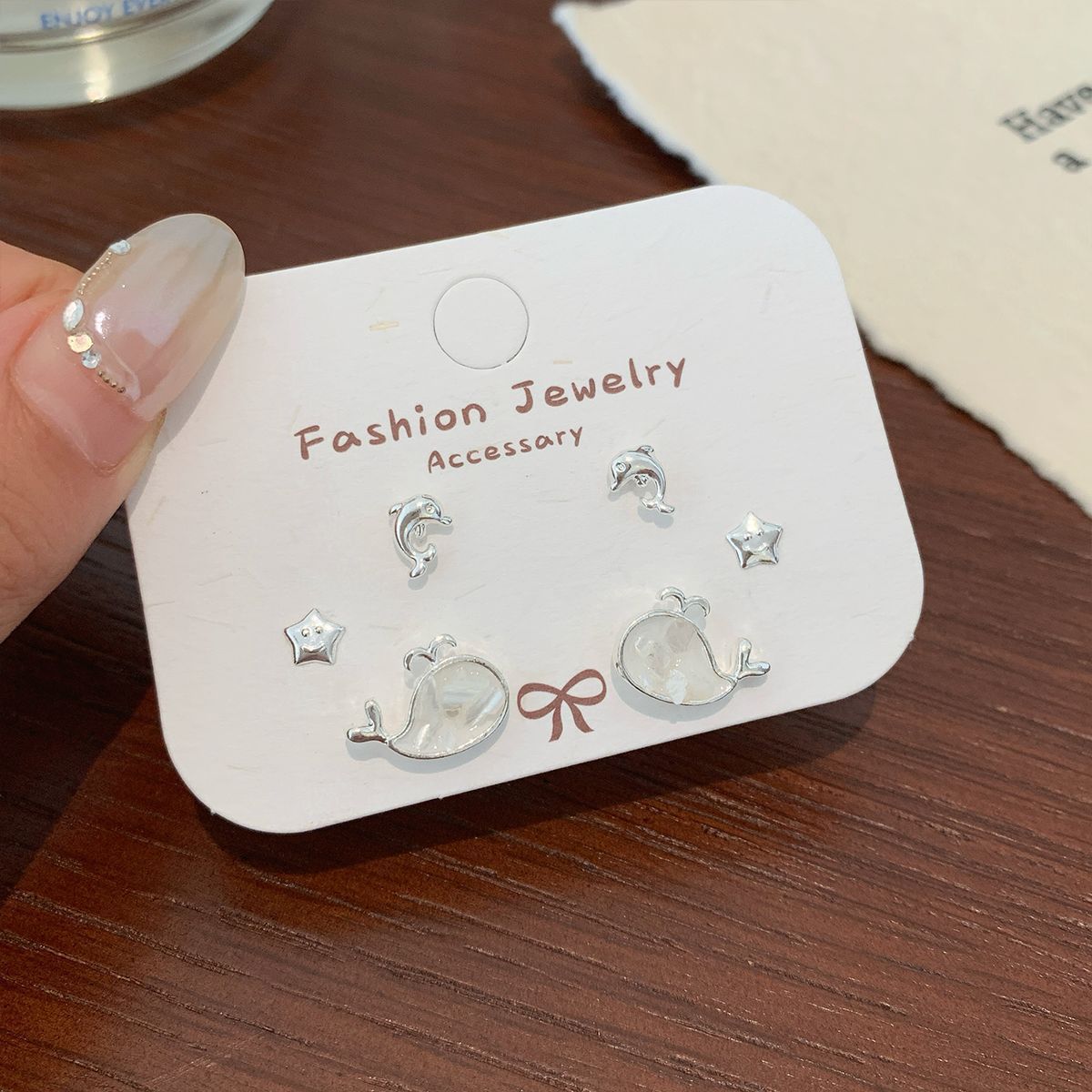 Wholesale Broken shells cat starfish earrings set silver needle heart bow earrings