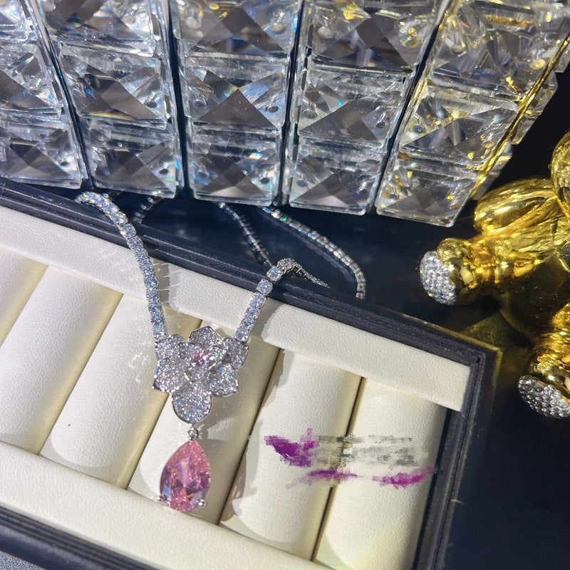 Wholesale Teardrop-shaped Pink Zirconium Rose Full Diamond Open Ring Necklace Set ACC-NE-KaLuoqi003
